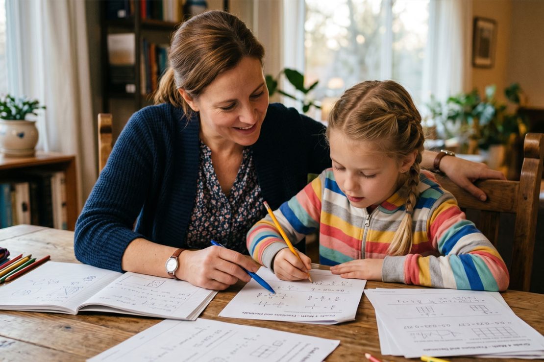 A parent and child reviewing schoolwork together at a table while discussing homework, illustrating the early signs that a student may benefit from individualized tutoring.