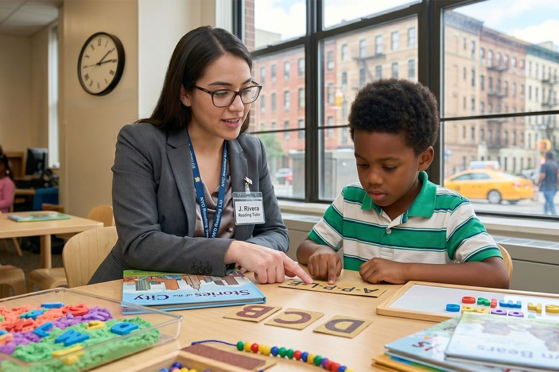 A reading specialist providing one-on-one tutoring to a child using books and multi-sensory reading materials to support reading development in New York City.