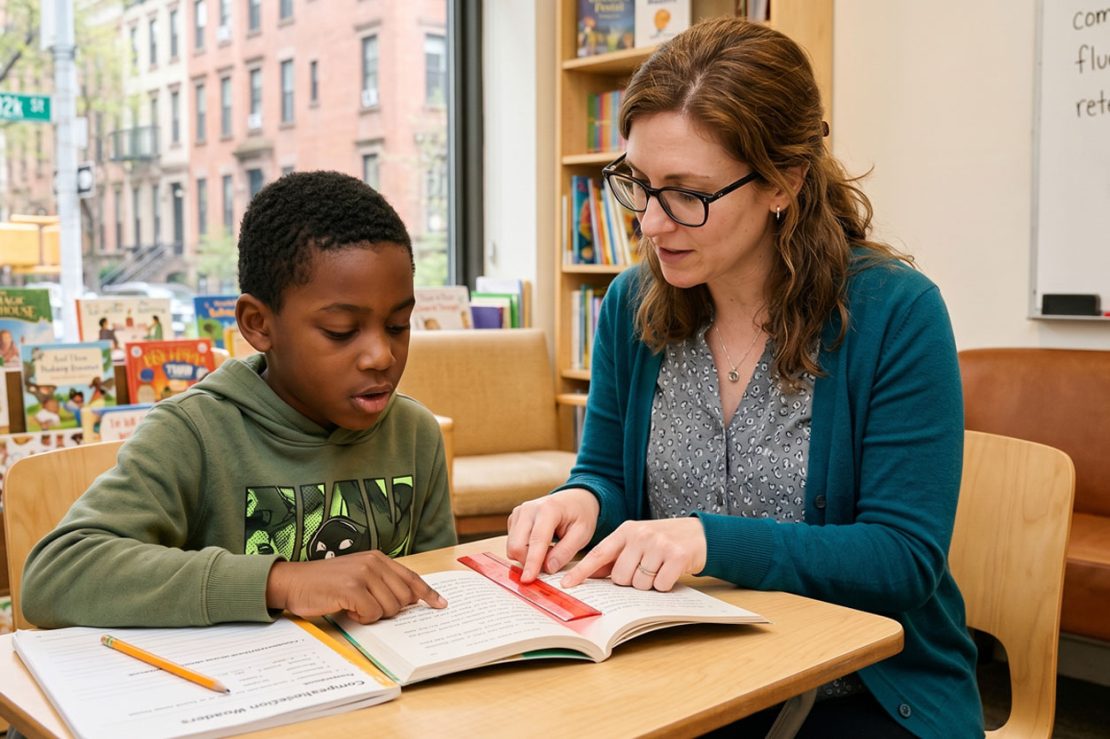 A reading specialist working one-on-one with an elementary student on reading fluency and comprehension skills at a tutoring center on the Upper East Side of Manhattan.