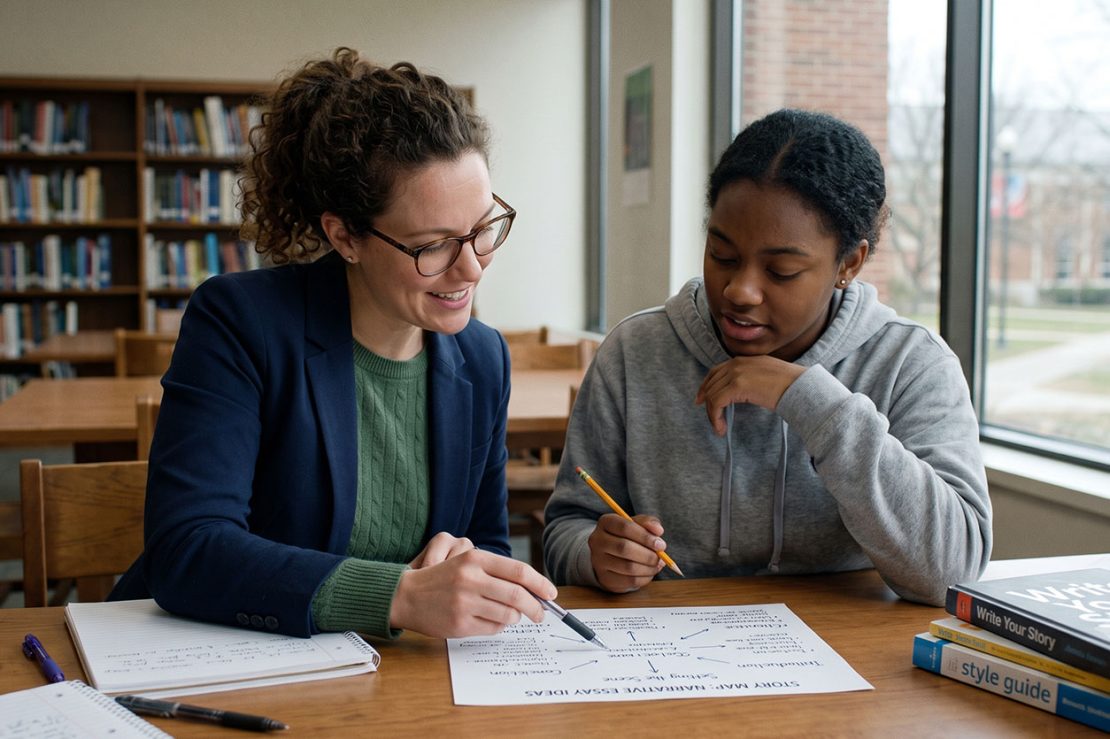 A writing tutor helping a student organize ideas on paper during a one-on-one writing lesson, illustrating how individualized instruction builds writing skills and confidence.